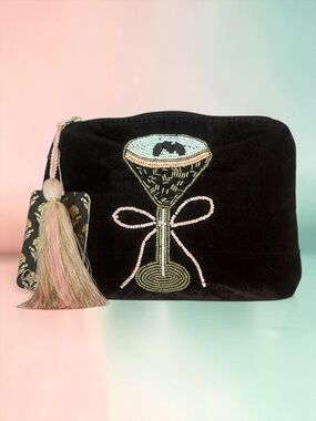 Brown Velvet Embellished Cocktail Makeup Cosmetic Bag NWT